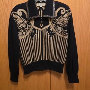 St. John Collection Marie Gray M Black and Gold Patterned Jacket Full Zip.